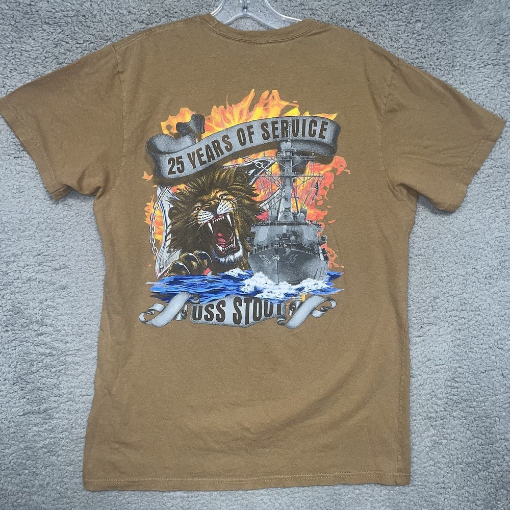 USS Stout US Navy Destroyer T Shirt Men Sz M Tan 2-Side Lion‎ 25 Yrs Service Tee